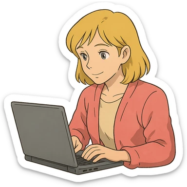 blonde woman in a pink cardigan working on a laptop sticker