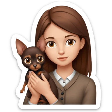 Brown haired girl holding a dog - the dog is a black and brown prague ratter  sticker