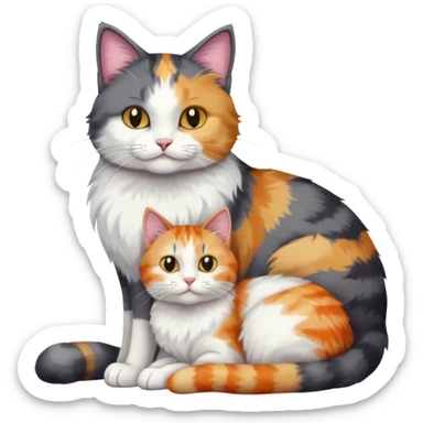full body large dark grey and white cat cuddling a colourful light patched calico + white tabby cat  sticker