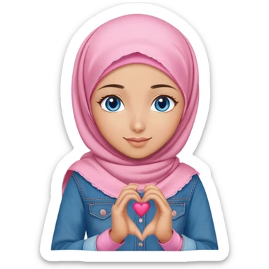 Turkish beautiful finish Konya girl blue eyes with denim and pink hijab islamic dress and making heart with hands and with thank you text sticker