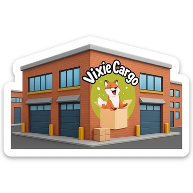 Add the Vixie Cargo company logo to the front of the parcel warehouse building emoji in the style of Apple emojis, with no background. sticker