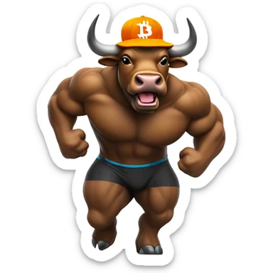 Bull ready to charge wearing bitcoin hat sticker