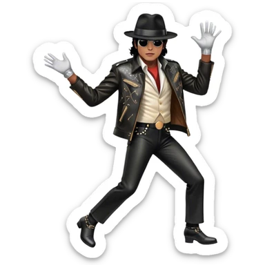 Icon of Michael Jackson as R&B legend: wearing a black fedora, sparkling glove, and leather jacket, striking a moonwalk pose. Background with musical notes and abstract patterns, capturing the energy and soul of R&B. Transparent background. sticker