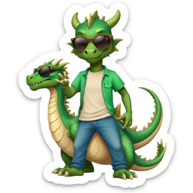friendly anthropomorphised dragon in a hip-hop t-shirt and jeans with dark sunglasses, relaxed pose sticker