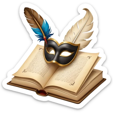 An icon featuring an open book with flowing pages, a feather quill, and classic literary symbols like a theater mask and inkwell. The design includes a subtle parchment background with faint text lines, symbolizing the study of literature. Transparent background emphasizes creativity and analysis. sticker