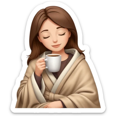 Relaxed woman with brown hair in blanket holding coffee cup with closed eyes sticker