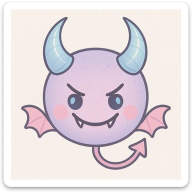 devil emoji, chibi style, pastel palette with baby blue and pink colors, elegant horns, sinister smile sticker