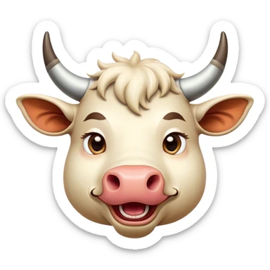 Cinematic Comical Domestic Ox Portrait Emoji, Head tilted dramatically with an exaggeratedly amused expression, featuring a striking, glossy hide with boldly curved horns and wide, expressive eyes brimming with playful disbelief, Simplified yet hilariously expressive features, highly detailed, glowing with a slightly sassy earthy glow, high shine, dramatic yet playful, stylized with an air of cheeky rural mischief, soft glowing outline, capturing the essence of a spirited and over-the-top ox that looks ready to charge its way into internet fame instantly! sticker