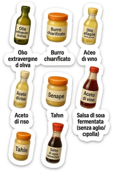 emoji stile iphone 3d di questi elementi che fluttuano in aria sparsi casualmente:

Olio extravergine d’oliva, burro chiarificato
Olio all’aglio (senza pezzetti)
Aceto di vino, aceto di riso, senape, tahin
Salsa di soia fermentata (senza aglio/cipolla)


 che fluttuano sparse casualmente in aria, le etichette dei prodotti scrivile in italiano, iperealistico 4k sticker