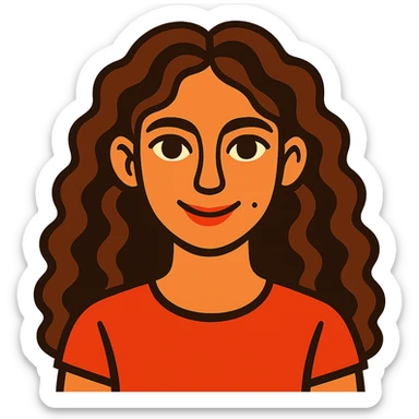 vibrant illustration of a girl with long curly brown hair (not too dark), intense dark brown eyes, clear skin (neither pale nor tan), mole on right cheek, loving expression sticker