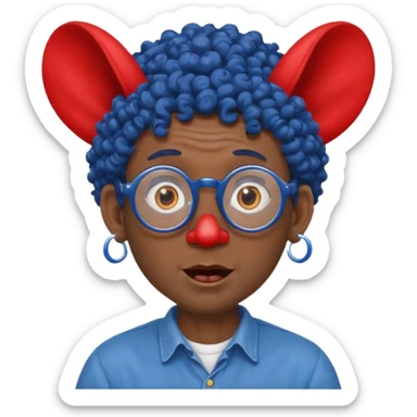 dark blue haired man curly hair with big ears and red earrings and spectacles surprised and hat wearing sticker