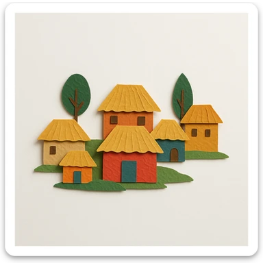 a rustic village with thatched roofs, paper craft style sticker