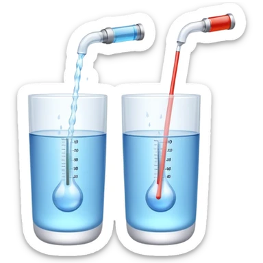 3D illustration of two glasses of water — one cold, one hot, with a thermometer inside each. Particles dissolving faster in hot water, slower in cold. Minimalist, clean, bright, modern 3D icon style. sticker