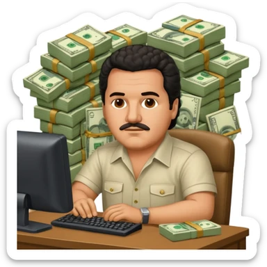 drug lord Pablo escobar using computer with money wallpaper as background sticker