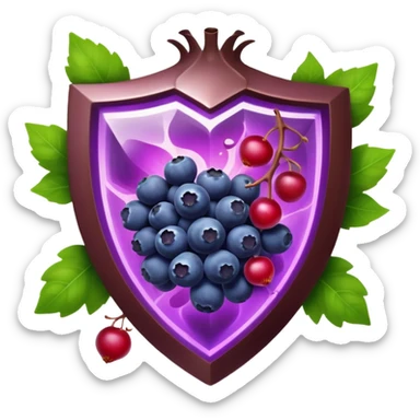 Blueberries, pomegranate, purple grapes, dark chocolate, and green tea leaves floating in a bright purple vortex. A glowing shield surrounds cells, dissolving dark shadow particles representing free radicals. The protective light extends throughout the body, showing antioxidants' protective effects. sticker