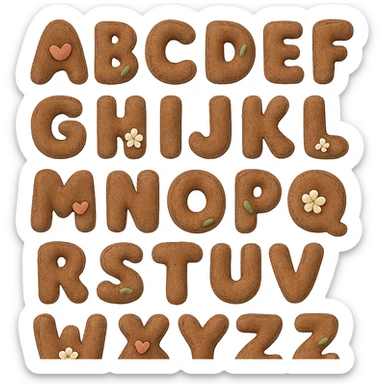 brown plush English alphabet, letters with appliqué details, soft texture sticker