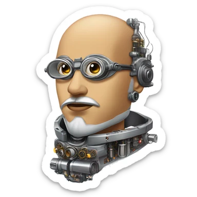 Tan bald male Latino cyborg head with grey beard, silver steampunk monocle goggles and circuits sticker