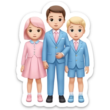 triplet toddlers with two girls in pastel pink clothes on each side and a boy in pastel blue suit in the middle sticker