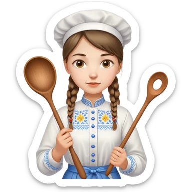 Ukrainian young girl in a white embroidered traditional shirt holding cooking tools like spoon and ladle sticker