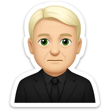 Create an emoji style image of Draco Malfoy at 50 years old, wearing a black suit. Keep the background transparent. The style should resemble classic emoji aesthetics with clear, simple features and vibrant colors. sticker