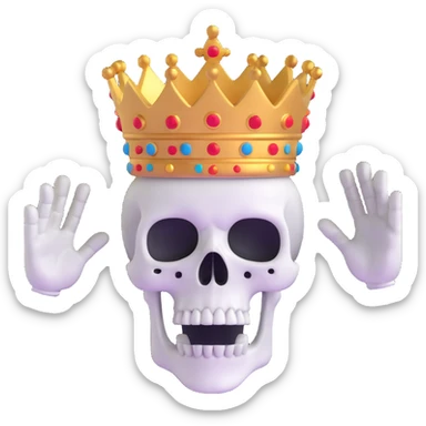 A shocked skull with a crown on top, both hands raised pressing on its head in disbelief, black and white sticker