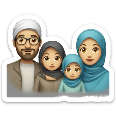 Draw a muslim family of 4 consisting of a father with glasses, a mother with a headscarf, a 3-year-old girl and a baby with blue clothes. sticker