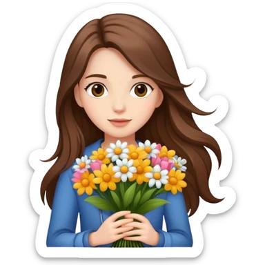 cool girl with long brown hair and fair skin holding a bouquet of flowers, trendy sticker