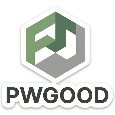geometric logo for 'pwgood' with stylized 'pw' monogram, green and gray palette sticker