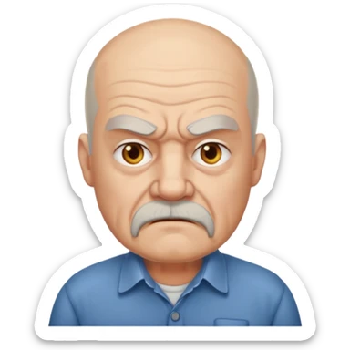 a portrait of angry elderly man, bald head, beard, wearing shirt sticker