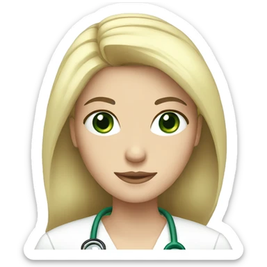 White Female doctor with green eyes, long black hair and a crown sticker