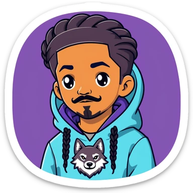 Short black boy with long braids a stache and goatee wearing a galaxy wolf hoodie sticker