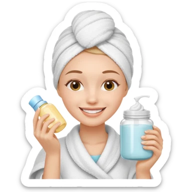 girl applying skincare, smiling face, towel on head, cream jar sticker
