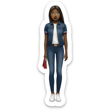 A girl with a tommy hilfiger polo with a dark blue jeans sticker