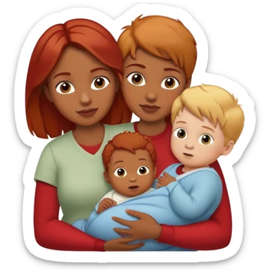 A mother with brown hair holds a red-haired baby and a blond boy  sticker