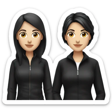 two caucassian woman with black jackets. One has black hair the other one has brown hair and is slightly shorter then the woman with black hair sticker