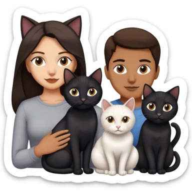 white brunette woman and a man with four cat, one is black one is full white the other two is full gray cats sticker
