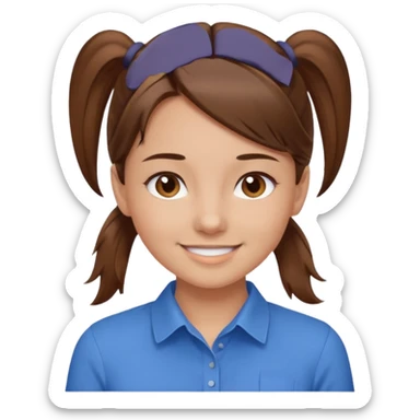 brown hair in a low pony tail with brown eyes girl blue shirt sticker