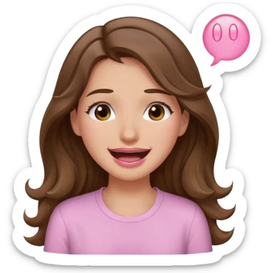 girl with wavy long brown hair, brown eyes, light to medium complexion, long lashes, light pink lipstick, wearing light pink shirt, smiling, crying laughing sticker