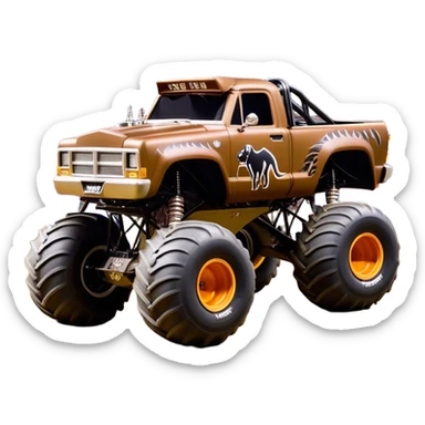 Monster Mutt - Monster Jam (Model Year: 2021) (Iconic colour: Brown with dog features) - A unique monster truck with playful, dog-inspired design cues. The vehicle is painted in warm brown tones and features subtle dog motifs (such as a stylized snout or ear shapes). It should blend the rugged power of a monster truck with quirky, endearing canine features. sticker