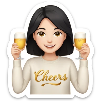 A woman with longer black hair, light to medium skin tone, full cheeks, and almond-shaped eyes, wearing a simple white sweater with the word 'cheers' in gold script, joyful and radiant expression, cheerful, emoji style, just her torso, no hands, no cups, no drinks. sticker