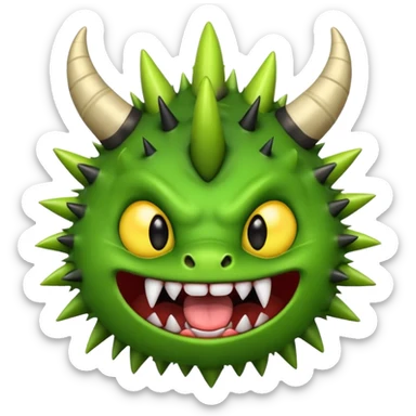 A green monster with two small black horns, spiky fur, big round yellow eyes, and a wide grin showing sharp teeth with its tongue playfully sticking out.  sticker