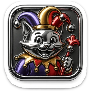 crazy colorful cute little cat jolly joker from poker, medieval, vintage, court jester, mac os icon, purple, gold and red color, half body. Squared shape as 3D mac os icon, symmetrical sticker