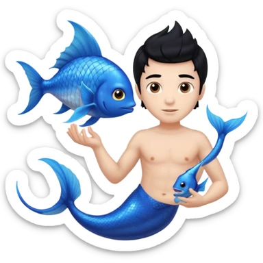 boy, black hair, brown eyes, white skin, Triton, with Triton in hand, blue Triton tail and blue triton fish ears sticker