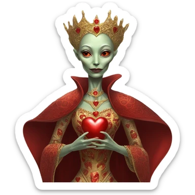 a Reptilian alien woman full body in Romanov dress, holding big red heart sticker