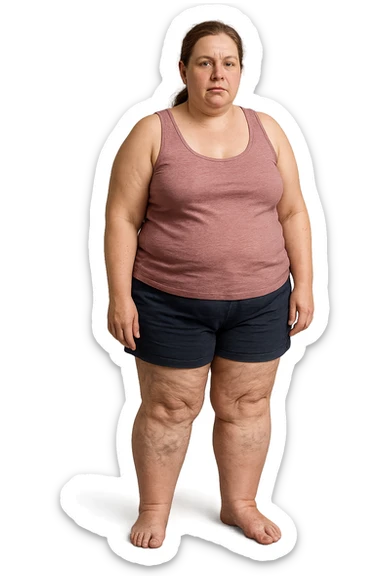 donna realistica leggermente in sovrappeso con vene visibili sulle gambe e gambe gonfie, iperrealistica 4k, IPERREALISTICA 4K sticker