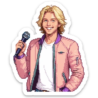 Pixel art style, expressive male performer, Caucasian features, tousled sandy blonde hair, lively eyes, wide cheerful smile, wearing a coral violet jacket over white tee, tossing a microphone in one hand, waist-up, front-facing sticker
