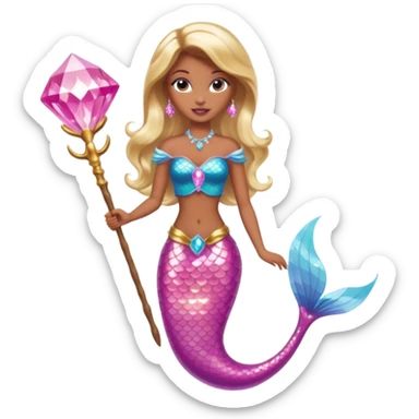 Brown skin blonde hair barbie mermaid with pink diamond tail and wand  sticker