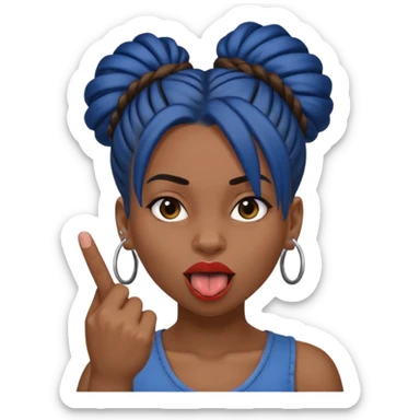 brown girl with dark blue dreads all in a bun with tongue out giving middle finger sticker