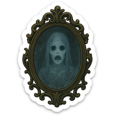 creepy antique mirror with a ghostly face reflected, ornate frame, chilling mood sticker