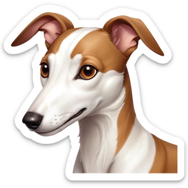 Cinematic Cute White and Brown Greyhound Portrait Emoji, Head tilted playfully and inquisitively, featuring a smooth white Fur with vibrant brown accents and round, sparkling eyes filled with curiosity, Simplified yet irresistibly adorable features, highly detailed, glowing with a warm, friendly glow, high shine, affectionate and nimble, stylized with a touch of whimsy, bright and endearing, soft glowing outline, capturing the essence of a mischievous yet loving racer, so playful it feels like it could sprint out of the screen and into your arms! sticker